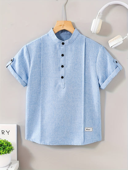 Boys' Short Sleeve Casual Cardigan Collar Shirt for Teens 13-16