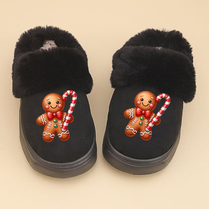 ' Winter Warm Plush Slippers with Gingerbread for Man & Candy Cane Strap - Soft Sole Low-Top Indoor/Outdoor House Shoes for &, Pink//Beige (Unisex Snowflake Booties), for Teenager