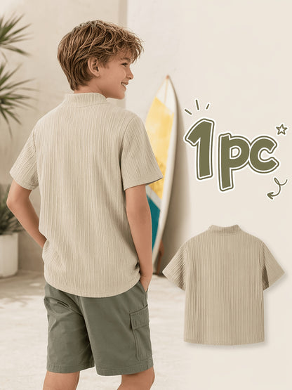 Boys' Casual Button-Up Short Sleeve Shirt with Cardigan Collar - ayq