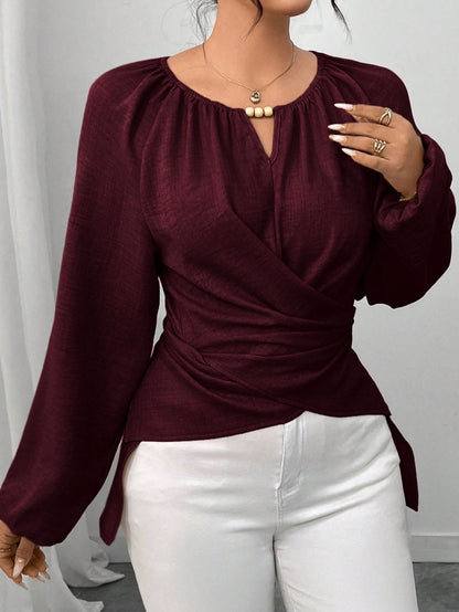 Women'S Elegant Beaded Wrap Shirt - Long Sleeve Round Neck Blouse with Beaded Embellishment, Solid Burgundy/Red/Pink/ - Casual to Formal