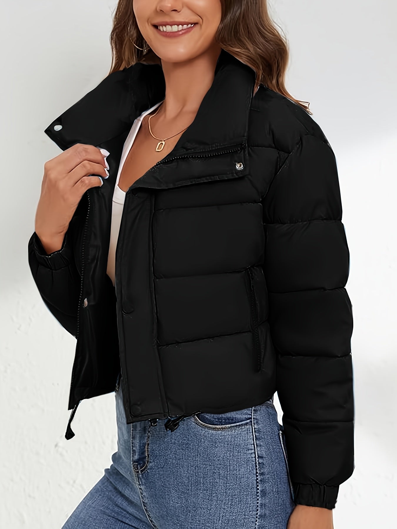 Women'S Lightweight Winter Jacket - Elegant Stand Collar Short Length Quilted Coat with Button Front, H-Silhouette Regular Fit, Long Sleeve Casual Outerwear for Cold Weather, Winter Coats, Seasonal Fashion, Minimalist Style,