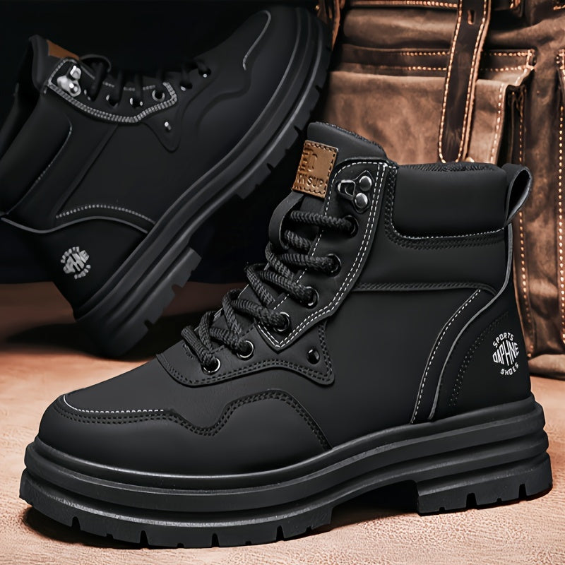 Men's Trendy Solid Ankle Boots, Comfy Non Slip Lace Up Durable Shoes for Men's Outdoor Activities
