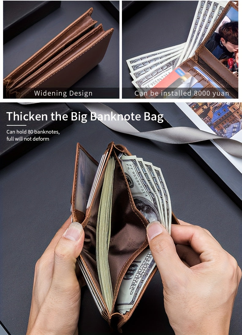 A Lightweight Men'S Leather Wallet Designed for Casual Use, Featuring a Compact Bi-Fold Style, Ample Space for , a Passport Compartment, Multiple Card Slots, And a Storage Pouch for Tickets And - ayq