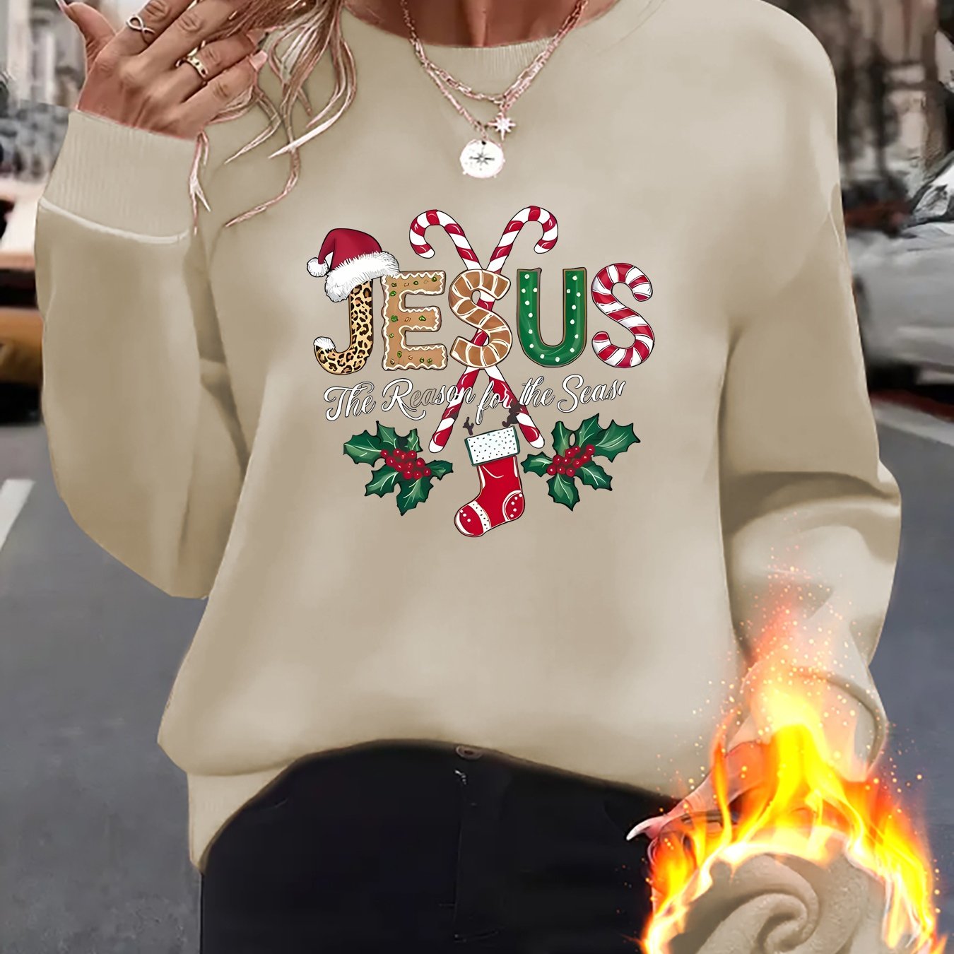 Women's Fleece-Lined Round Neck Pullover Sweatshirt - "JESUS" Christmas Print, Comfortable Loose Fit for All Seasons, Festive Holiday Design Casual Top