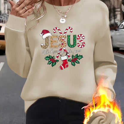Women's Fleece-Lined Round Neck Pullover Sweatshirt - "JESUS" Christmas Print, Comfortable Loose Fit for All Seasons, Festive Holiday Design Casual Top