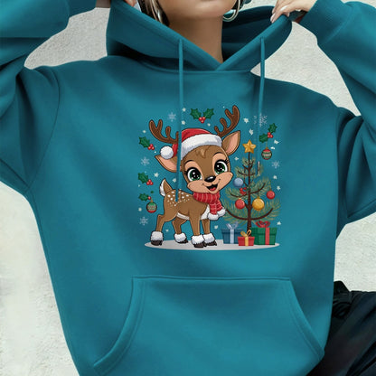 Women'S Christmas Hoodie - Thick Fleece-Lined Winter Sweatshirt with Deer & Snowflakes, Plaid Santa Hat Design, Cozy Casual Pullover for Holiday Party Outfits