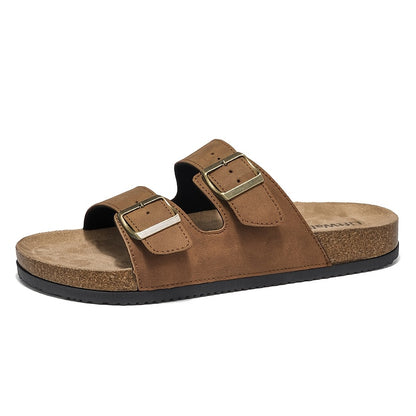 Men's Casual Outdoor Slip-On Sandals with Cork Sole and Double Buckles