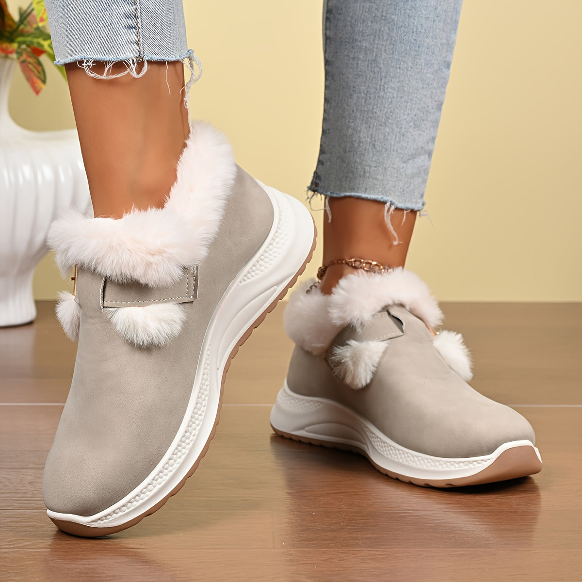 Women's Plush Winter Snow Boots with Faux Collar & - Slip-On/Lockable Ankle Strap, Cushioned PVC Sole - Grey/Lavender Synthetic - Warm Cozy Shoes for Ice, Snow, Indoor/Outdoor (Wide Widths Available) - Ideal, Winter Boots For