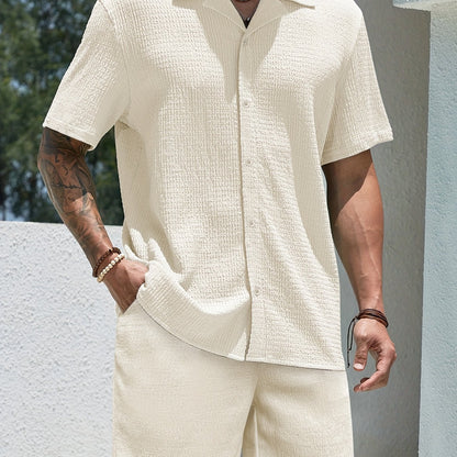 2025 spring and summer new small checkered texture shirt and shorts suit, casual solid color suit collar short-sleeved shirt and shorts Men's 2pcs suit, summer light top and pants Men's beach suit, daily outing, casual travel