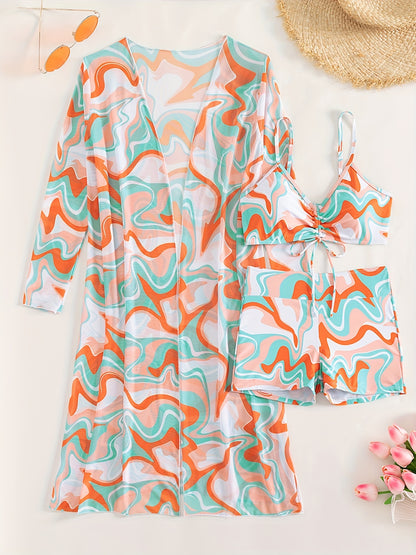 3-Piece Women’s Geometric Print Bikini Set with Sheer Cover Up