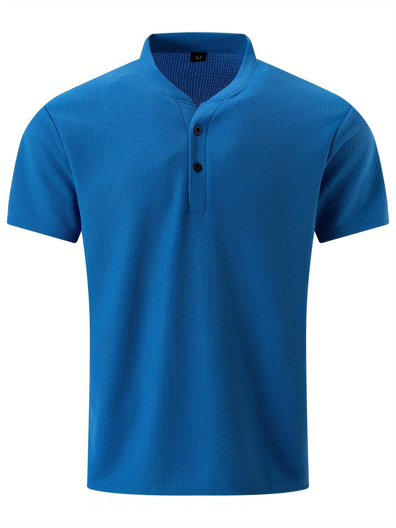 Men's Solid Waffle Stand Collar Short Sleeve Golf Shirts, Casual Style Slight Stretch Regular Fit Summer Tops, Summer Golf Shirts
