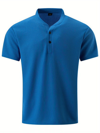 Men's Solid Waffle Stand Collar Short Sleeve Golf Shirts, Casual Style Slight Stretch Regular Fit Summer Tops, Summer Golf Shirts