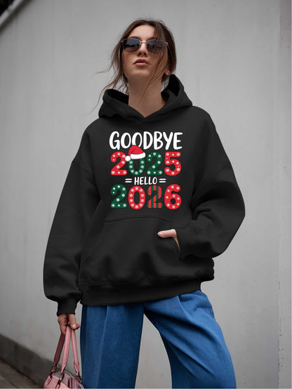 Women'S Hoodie - Goodbye 2025 Hello 2026 Sweatshirt with Christmas Countdown Design, Beige Pullover Hoodie, Front Pocket for Fall/Winter, Cozy Long Sleeve Sweater for New Year'S Eve & Everyday Winter Outfits - Perfect Gift fo