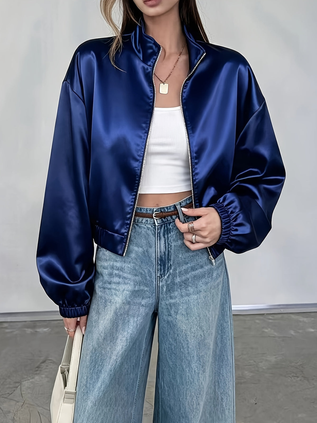 Women's Lightweight Satin Zipper Jacket with Mandarin Collar