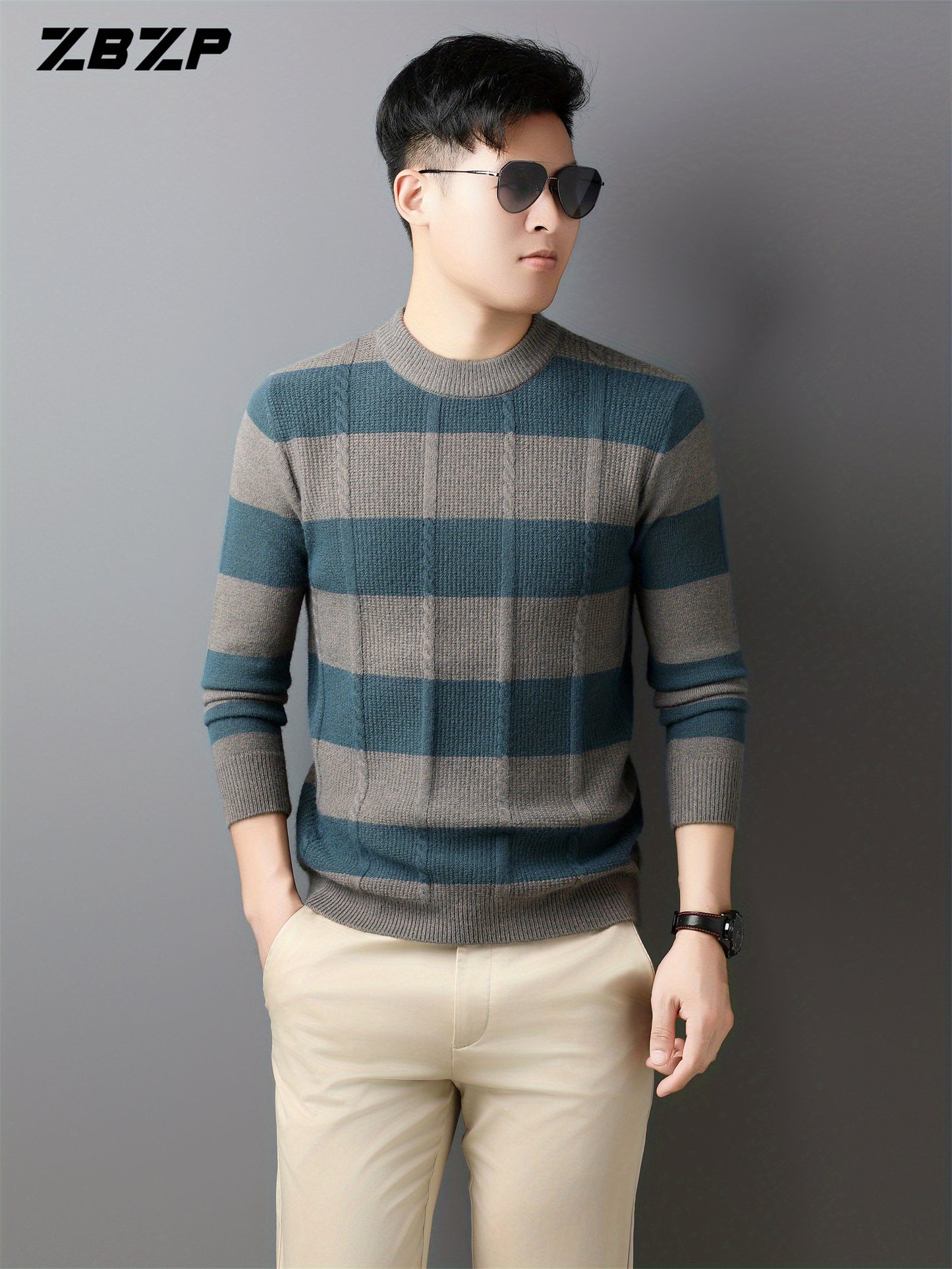 ZBZP Men'S Casual Striped Knit Sweater - Dark Gray & White Horizontal Stripes, Round Neck Long Sleeve, Regular Fit, Autumn Winter Warm Pullover for Casual Attire, Knit Sweater, Comfortable Fashion, Soft Texture, Cold Weather