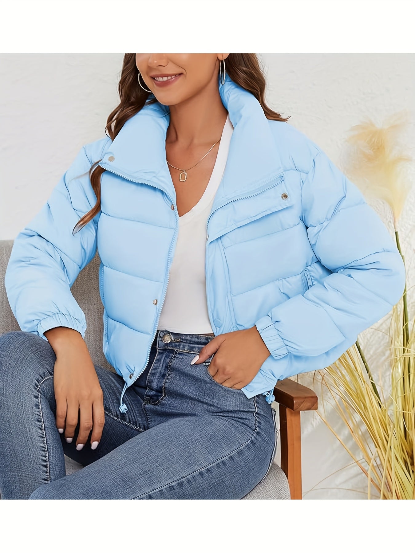 Women'S Lightweight Winter Jacket - Elegant Stand Collar Short Length Quilted Coat with Button Front, H-Silhouette Regular Fit, Long Sleeve Casual Outerwear for Cold Weather, Winter Coats, Seasonal Fashion, Minimalist Style,
