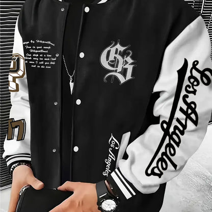 Men's Los Angeles Logo & Greek Letter Jacket - Oversized Loose Fit Baseball Collar Button-Front Coat with Number 27 Back Print, All-Season Casual Sportswear (Hand Washable) - -Themed Outerwear for Fans