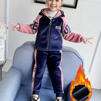 Girls' Thickened Fleece-Lined Hooded Zip-Up Jacket & Jogger Pants Set - Cozy Two-Piece Outfit with "NUS" Letter Print, Long Sleeves, and Drawstring Waist, for Outdoor, And Casual Wear, Winter Clothing, Playful Design, Soft Fa