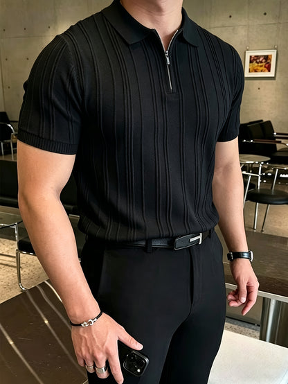 Men's Polo Shirt with Quarter Zip, Short Sleeve Summer Knit