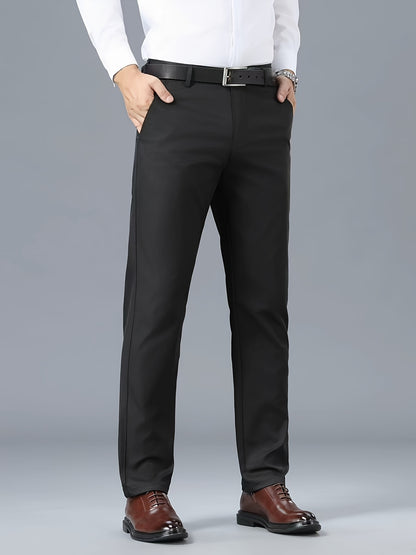 Men's Classic Business Casual Pants - Polyester, Solid Color, Regular Fit for All Seasons