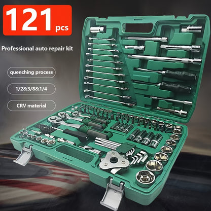 Black 46 and 121pcs of household car repair kit with plastic storage box, motorcycle repair kit, outdoor bicycle emergency bicycle repair tool, including hex wrench, universal joint, screwdriver, extension piece, slider