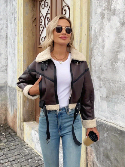 Կանացի աշուն/ձմեռ փողոցային ռետրո ոճի գոտիով, կայծակաճարմանդով, հաստ, կարճ արհեստական ​​գառան մորթուց վերարկու