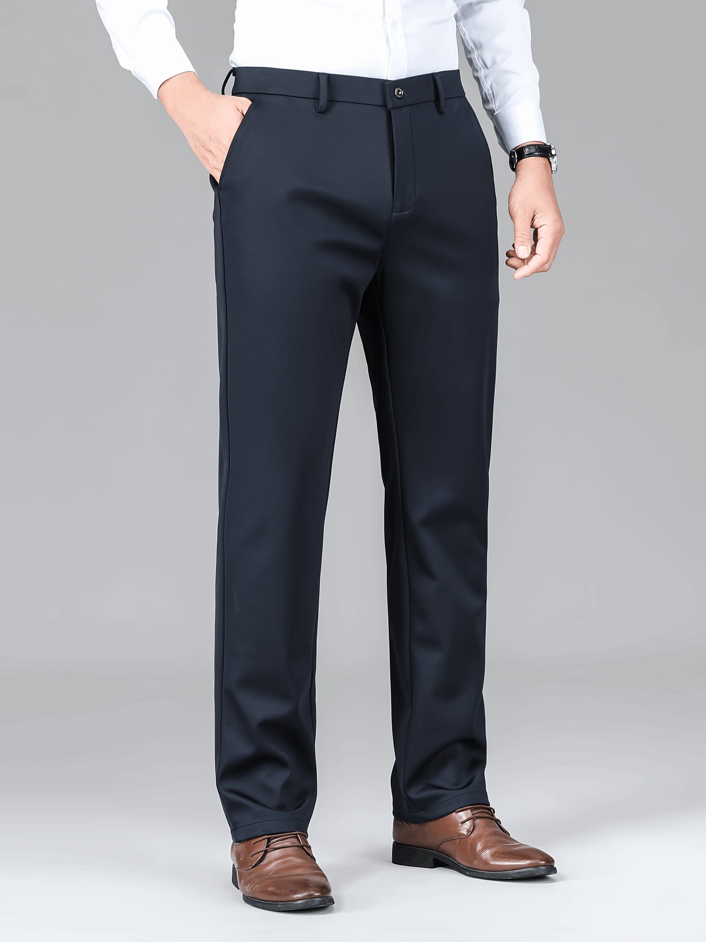 2pcs Men's Business Casual Stretch Dress Pants, Wrinkle-Resistant & Iron-Free, All-Season Wear, Logo, Navy Blue & Black, Polyester Blend, Machine Washable