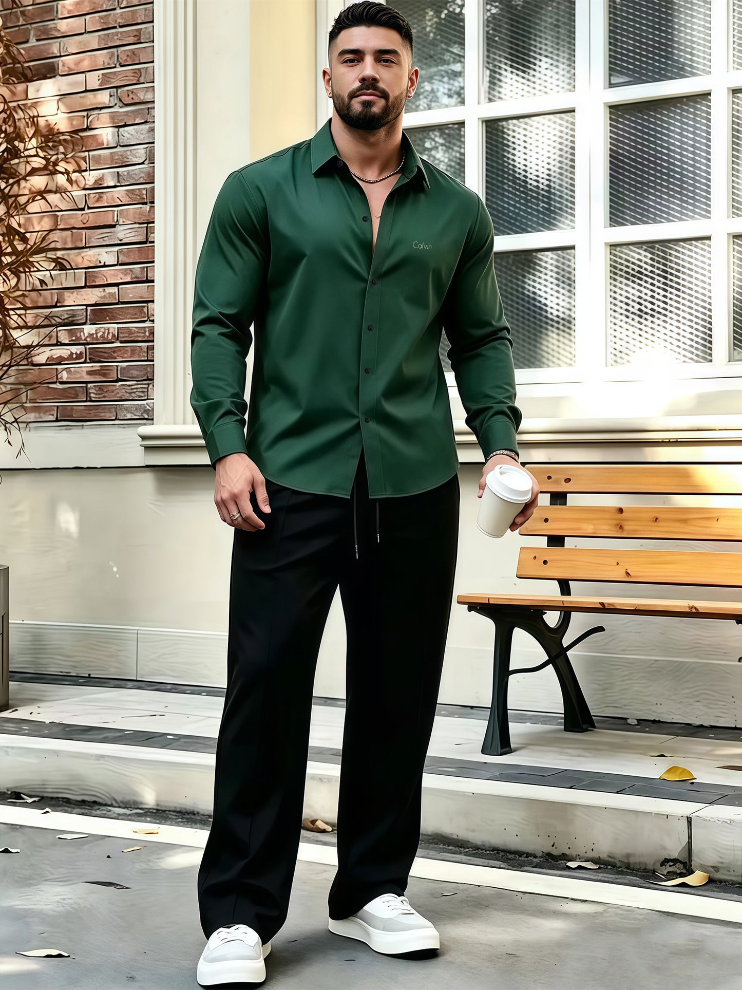Men's Business Casual Shirt and Trousers Set - Polyester, All Season