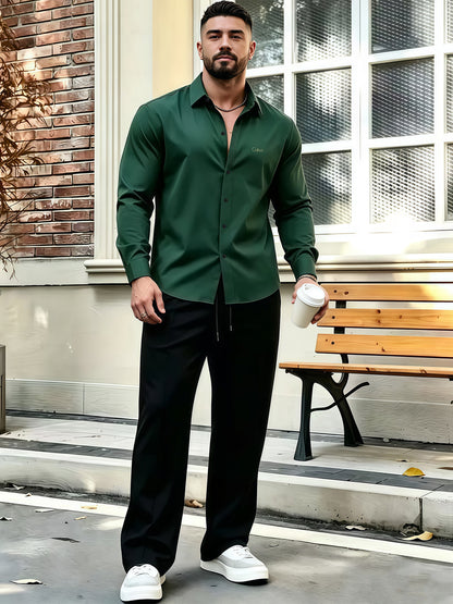 Men's Business Casual Shirt and Trousers Set - Polyester, All Season
