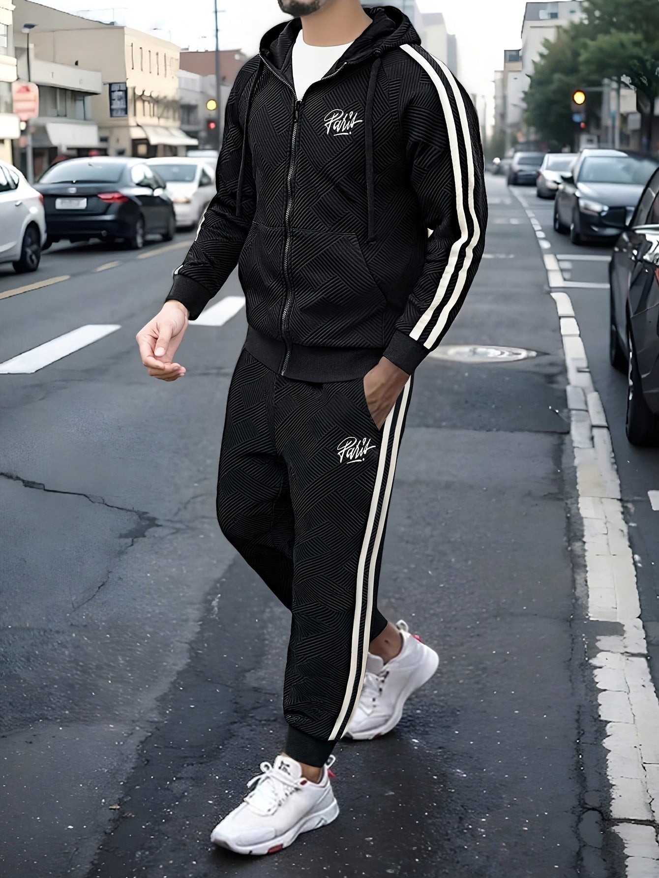 Men's Spring & Fall Jacquard Embroidered Striped Tracksuit Set - 2pcs Zip-Up Hoodie & Pants for Daily Wear, Sports & Outdoor Trips