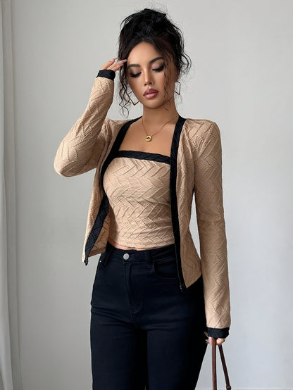 Women's Elegant Khaki Black Contrast Slim Fit Vest Set