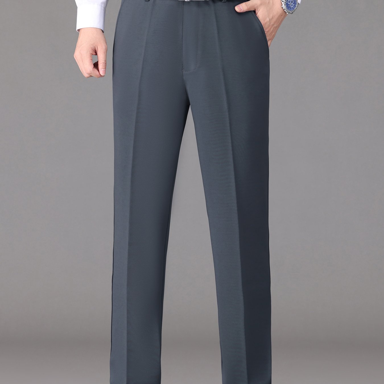 [Lightweight Design] Men's High-Waist Stretch Dress Pants - Wrinkle-Resistant, Dark Blue Business Casual with Pockets, Straight Leg Fit for Spring/Fall