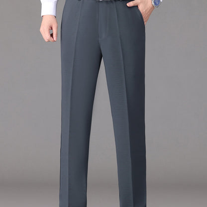 [Lightweight Design] Men's High-Waist Stretch Dress Pants - Wrinkle-Resistant, Dark Blue Business Casual with Pockets, Straight Leg Fit for Spring/Fall