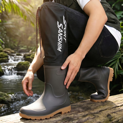 Men's Over-the-Knee PVC Rain Boots with Drawstring Cuff