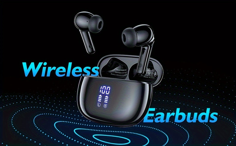Wireless Earbuds with Touch Control, Built-in Noise Reduction Mic, Type-C Charging Case, 15Hr Playtime, 2Hr Quick Charge, USB Charging, 380mAh Battery, with LED Power Display, for Sports, Adult, Compatible with Cellphones