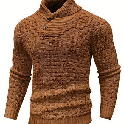 Men's Casual Waffle Pattern High Stretch Sweater, Chic Mature Pullover Sweater For Fall Winter