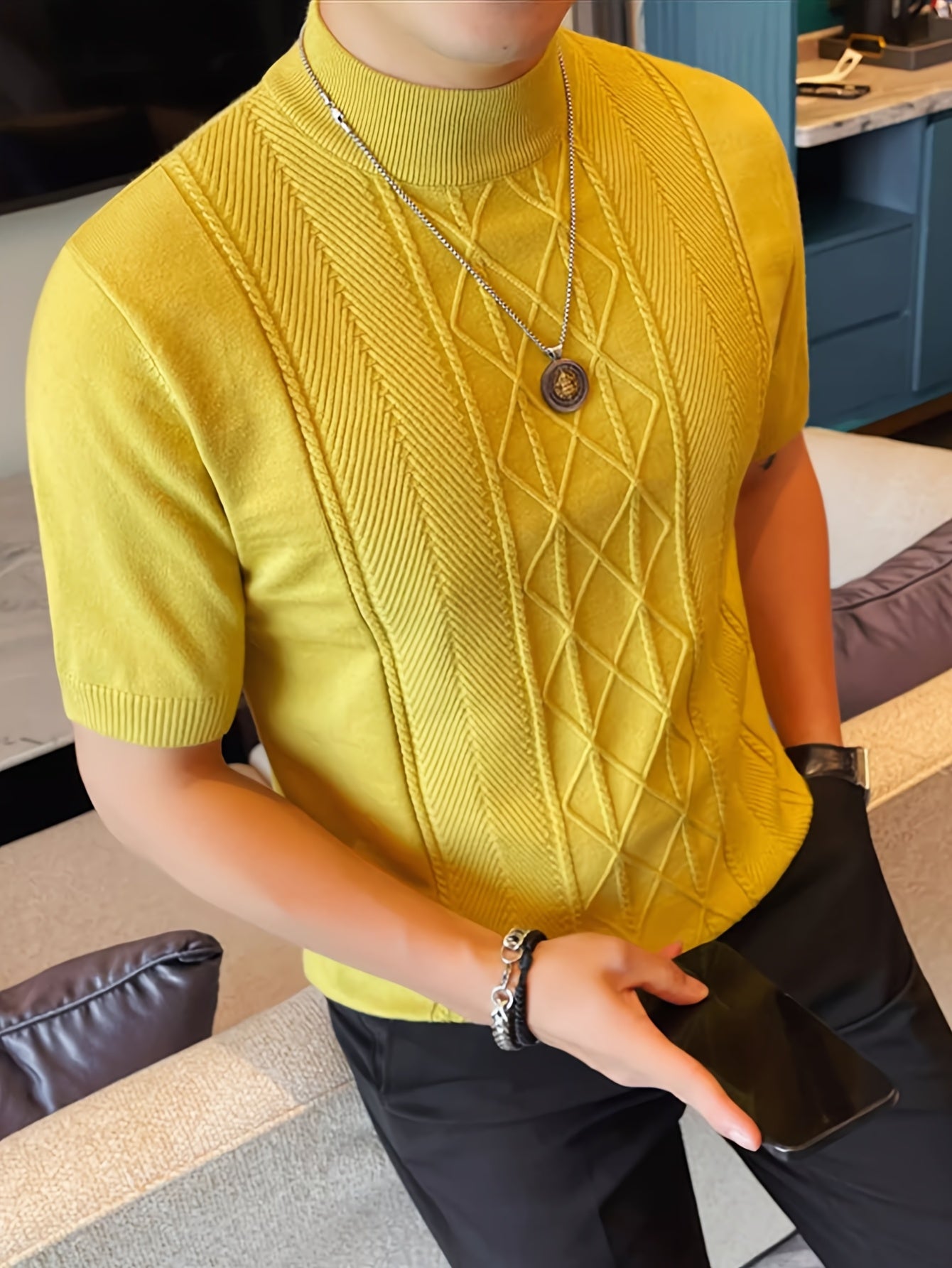 Men's New Solid Color Rhombus Fashion Semi-High Neck Knit Sweater, Spring/Summer Casual Short Sleeve Knit Top - ayq