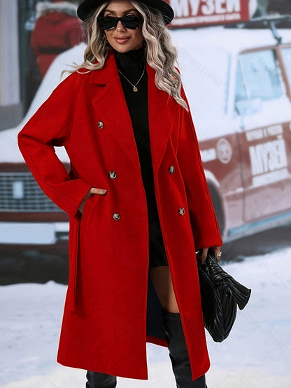 Women's Elegant Double-Breasted Tweed Overcoat with Tie Belt