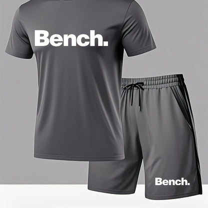Summer Men'S Casual Sports Short Sleeve T-Shirt and Shorts Set, Knitted Polyester Fabric, Comfortable Breathable, Bench. Letter Print Design - 2pcs