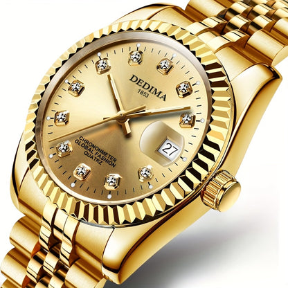 DEDIMA Elegant Stainless Steel Band Calendar Watch, Quartz Movement, Round Dial with Rhinestones, Battery-Powered, Non-Rechargeable Button Battery, Regular Cleaning, for Men, Women, Students, Christmas, Valentine'S Day, Thank