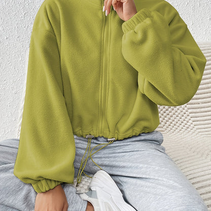 Women'S Casual Zippered Front Drawstring Hem Jacket - High-Neck Long Sleeve with Pockets, All-Season Comfort, Machine Washable, Versatile for Casual Attire, Casual Wear Jacket | Highneck Jacket | Zippered Jacket