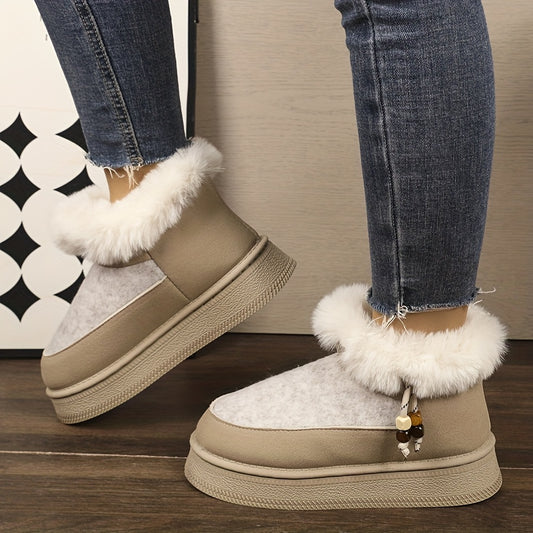 Women's Chunky Platform Winter Snow Boots with Plush Faux -Like Collar & Thick Rubber Sole - Beige/Dark Grey Round-Toe Traction for Ice, Snow, Slush - Cozy Casual & Formal Wear (Golden Buckle Accent)