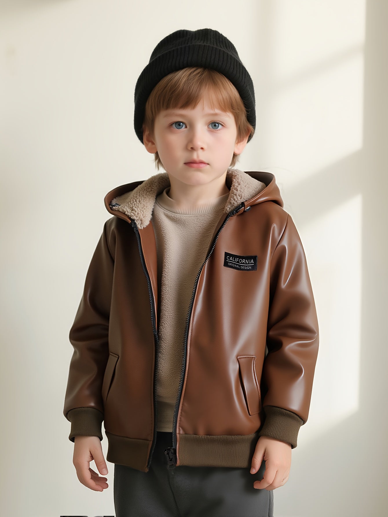 Boys' Fleece Lined PU Leather Jacket Warm Hooded Coat