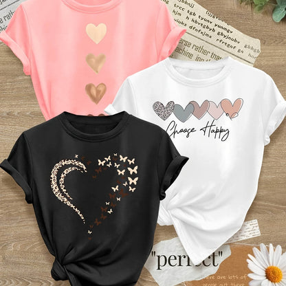 Leopard Print Small Butterfly Love Hearts in Pairs with English Letter Pattern Printed Fashion Retro Style Women's Spring, Autumn and Winter Casual Sports Top Round Neck Short Sleeve T-shirt 3pcs Combination Pack Family Pack