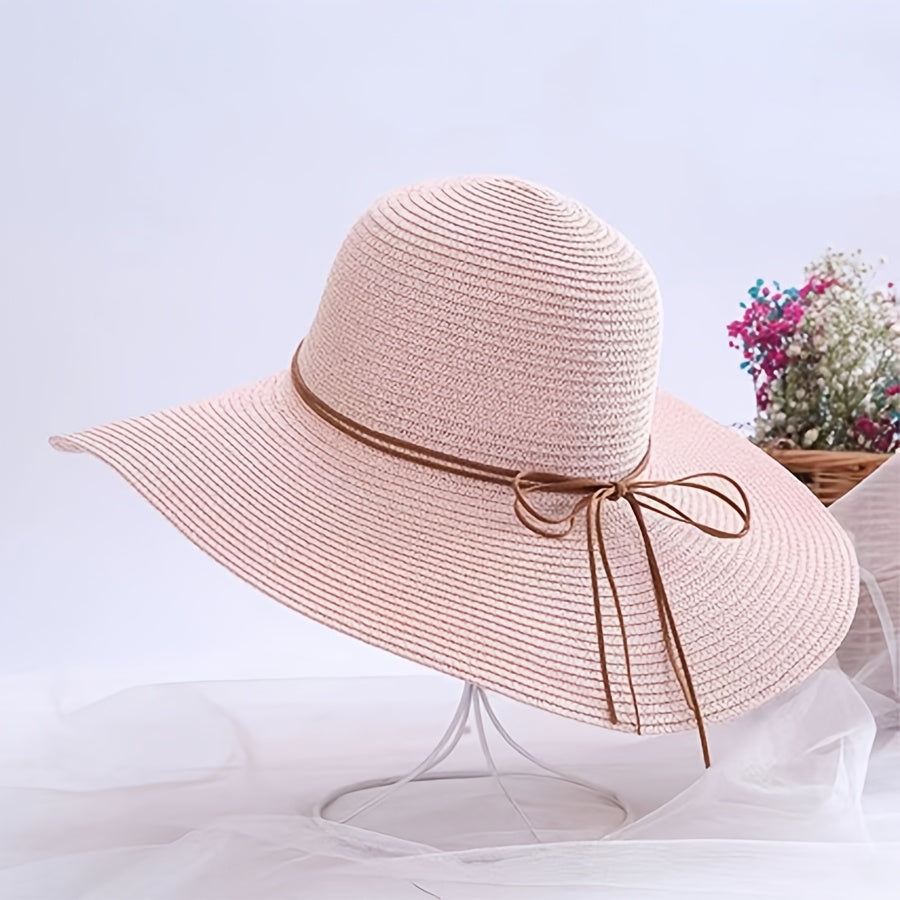 Women’s Wide Brim Straw Sun Hat with Bowknot for Summer