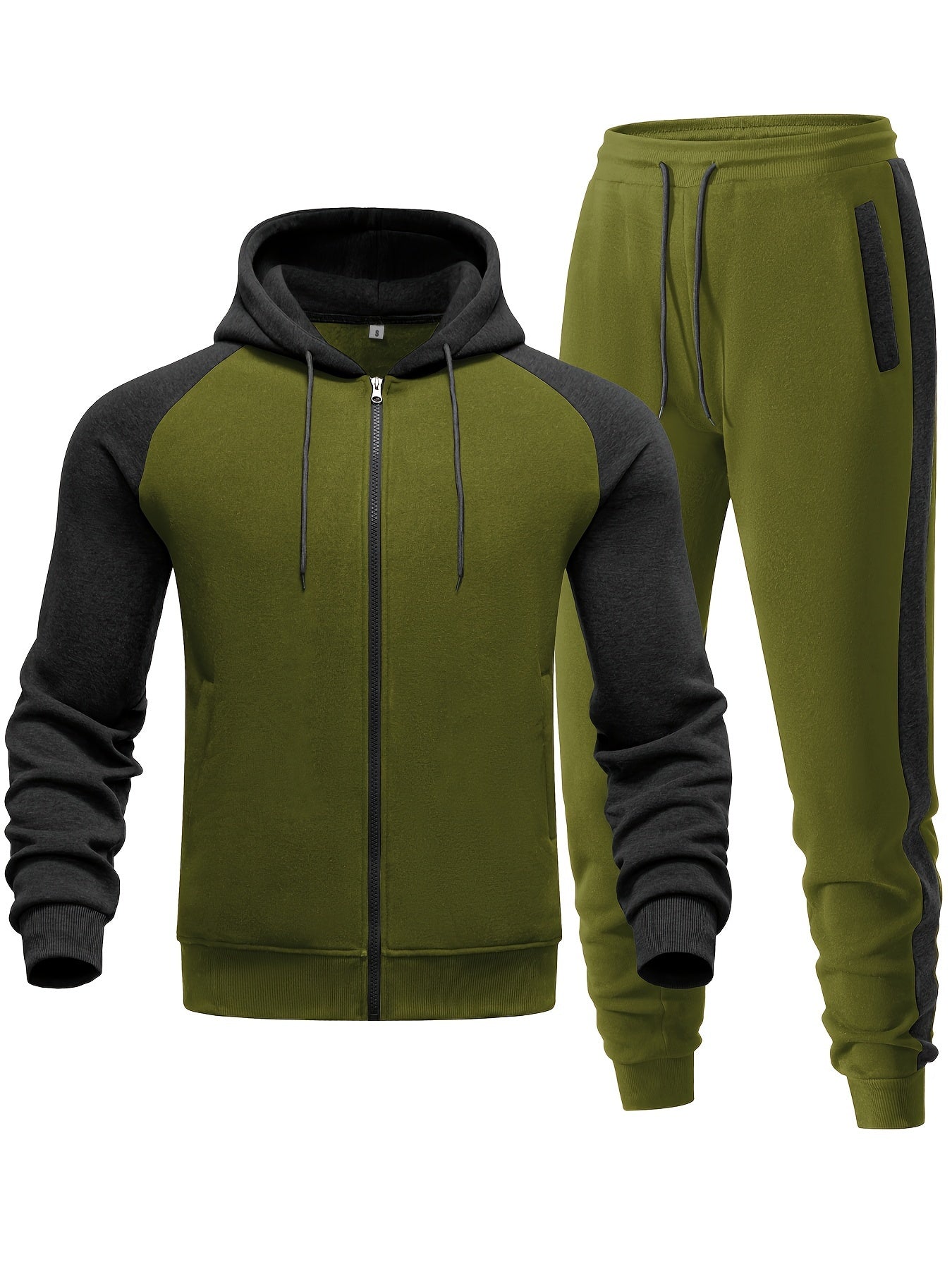 Men's Casual Sports Hoodie Two-Piece Set Four Seasons Color-Matching Zipper Drawstring Waist Jogging Suit - ayq