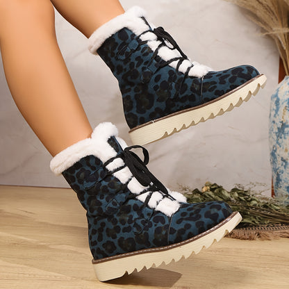 Women's Leopard Print Winter Boots with Flat Sole & Lace-Up Closure - Blue Round Toe Fabric Upper, Rubber Traction Outsole for Cold Weather Comfort, African-Inspired Fashion Footwear, Cold Weather Gear, Comfortable Boots, War