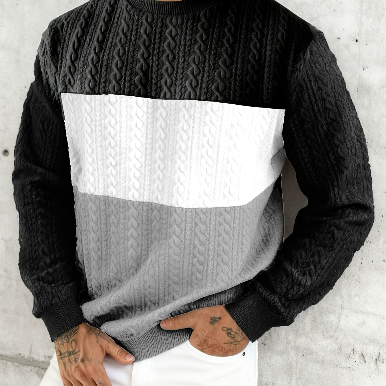 Նոր աշնանային և ձմեռային տղամարդու սվիտեր՝ ժակարդի փոքր սրտիկներով գործվածքից, հարմար է սպորտի, հանգստի, վազքի և ֆիթնես մարզումների համար, ունի երկար թևքեր։