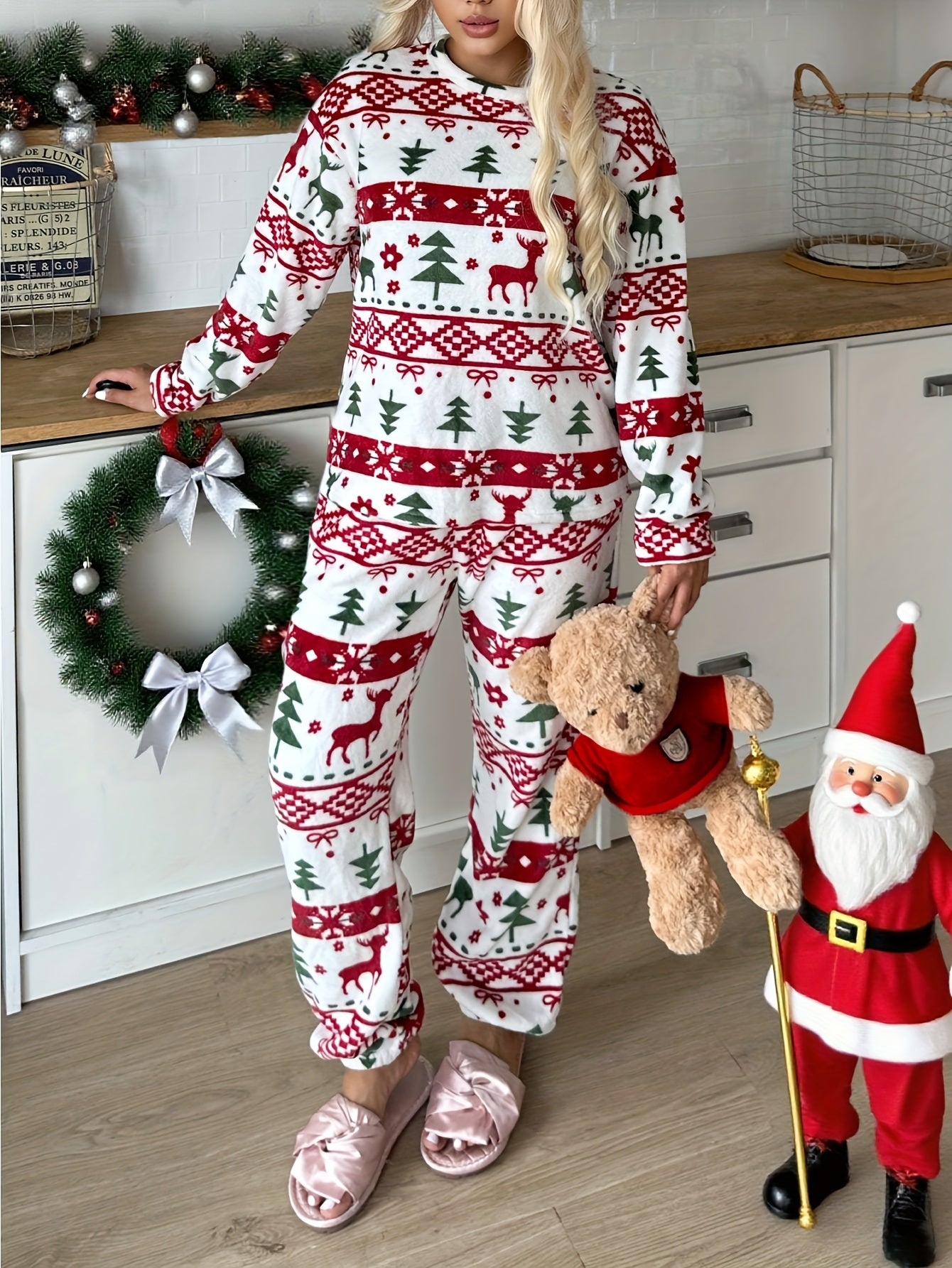 Women'S Christmas Pattern Pajama Set | Comfortable Long-Sleeve Home Wear for Fall/Winter, Crew Neck