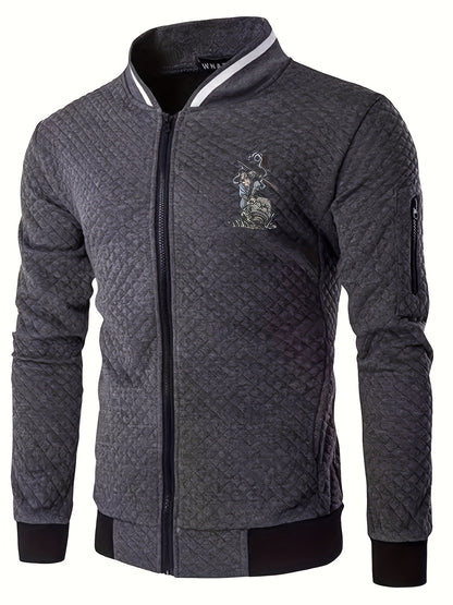 Men's Casual Stand Collar Jacket - 100% Polyester Knit Fabric with Slight Stretch, Solid Color Zippered Spring/Fall Outerwear with Cartoon Embroidery